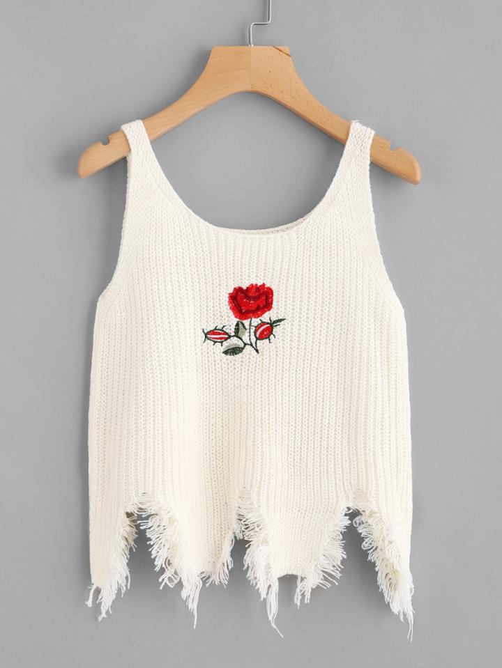 Romwe Rose Embroidered Distressed Raw Hem Knit Cami Top