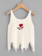 Romwe Rose Embroidered Distressed Raw Hem Knit Cami Top