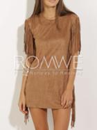 Romwe Fringe Bronze Camel Short Sleeve Tassel Dress