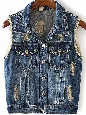 Romwe Lapel Ripped Skull Denim Vest
