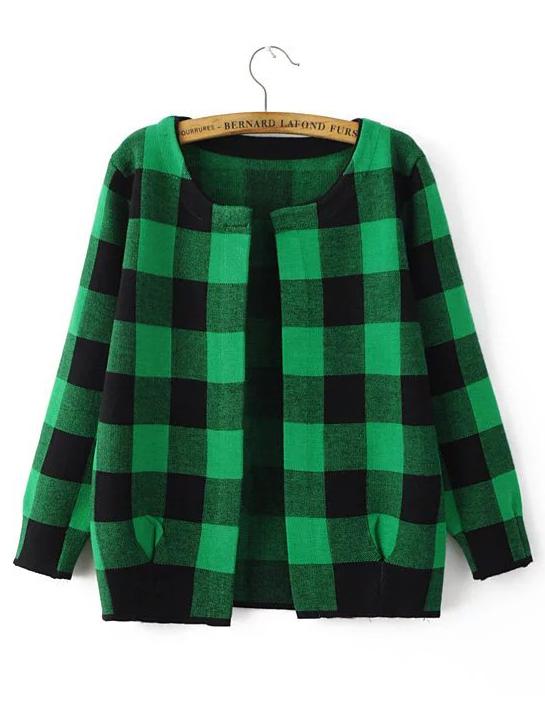Romwe Green And Black Checkered Open Front Cardigan