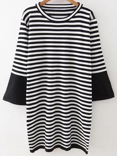 Romwe Black Striped Bell Sleeve Knit Dress