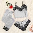 Romwe Floral Lace Satin Cami Pj Set With Pants