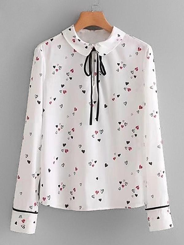 Romwe Heart Print Tie Neck Blouse
