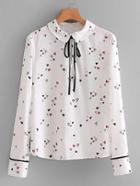 Romwe Heart Print Tie Neck Blouse