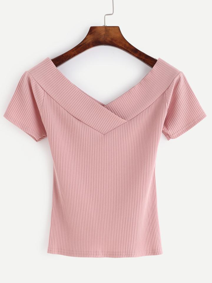 Romwe Pink Double V Neck Ribbed T-shirt