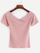 Romwe Pink Double V Neck Ribbed T-shirt