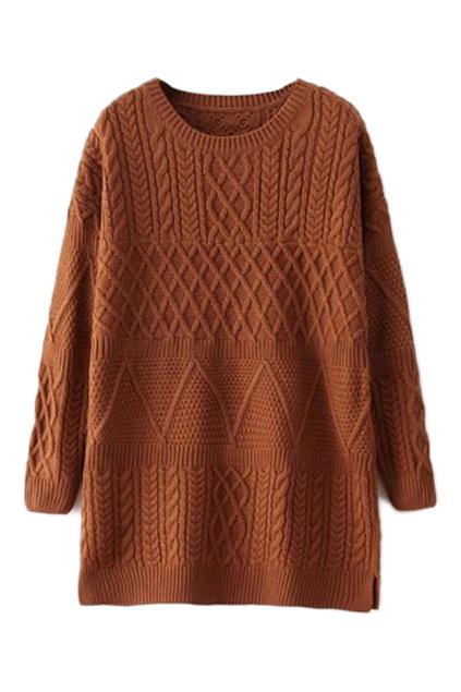 Romwe Twisted Rhombus Knitted Coffee Jumper