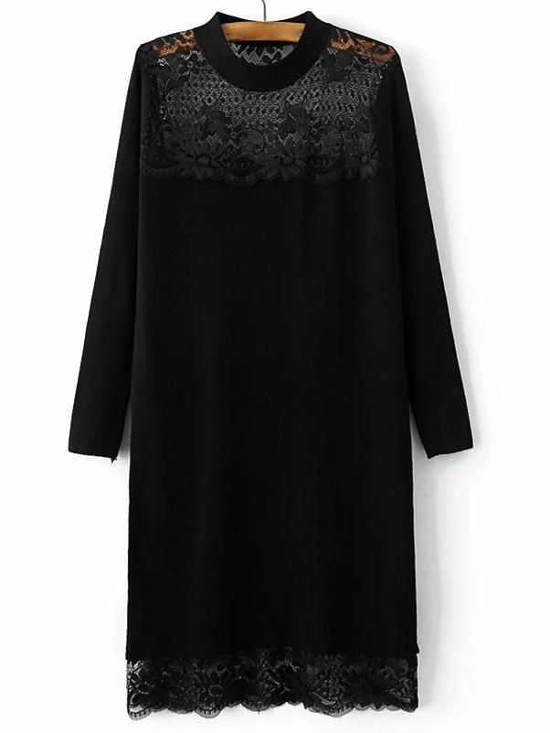 Romwe Black Band Collar Lace Long Sweater
