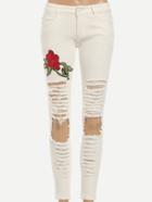 Romwe Rose Embroidered White  Ripped Skinny Jeans