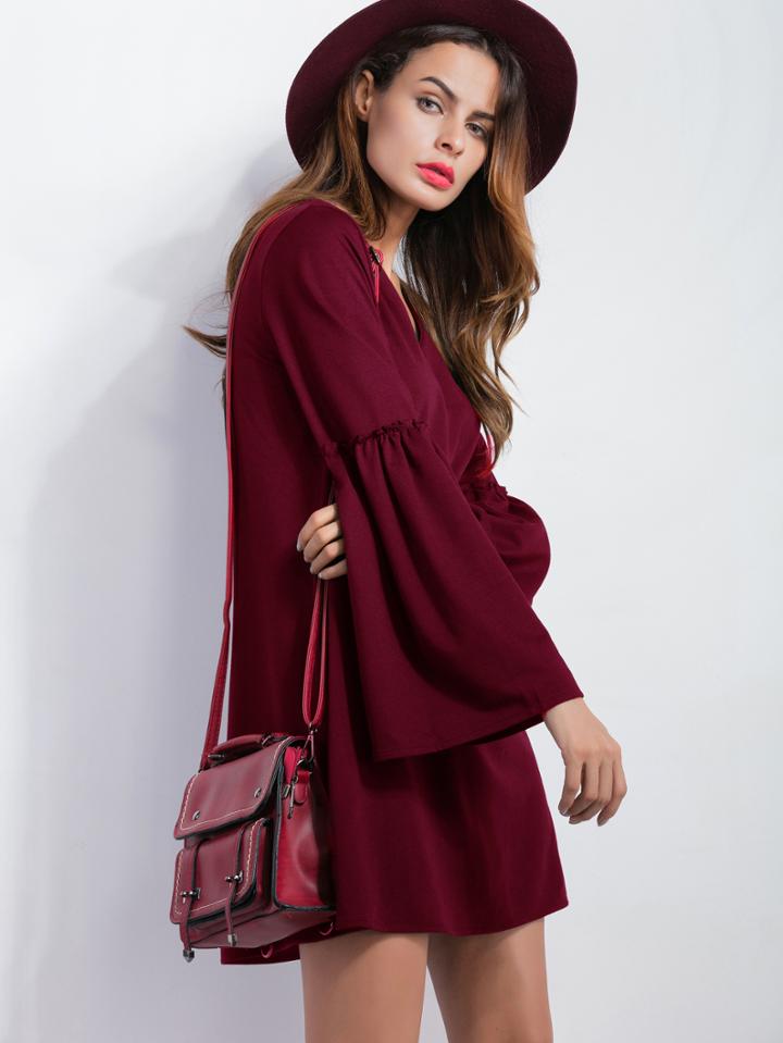 Romwe Burgundy V Neck Bell Sleeve Tunic Dress