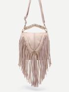 Romwe Beige Zip Embellished Fringe Trim Flap Bag