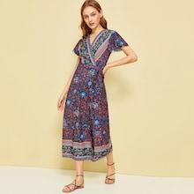 Romwe Tribal Ditsy Floral Surplice Wrap Dress