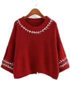 Romwe Bell Sleeve Slit Back Ribbon Wine Red Sweater