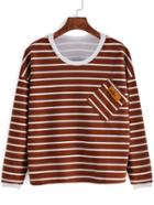 Romwe Striped Loose Khaki Sweatshirt With Pocket