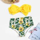 Romwe Bow Decorated Ruched Bandeau With Random Floral Bikini