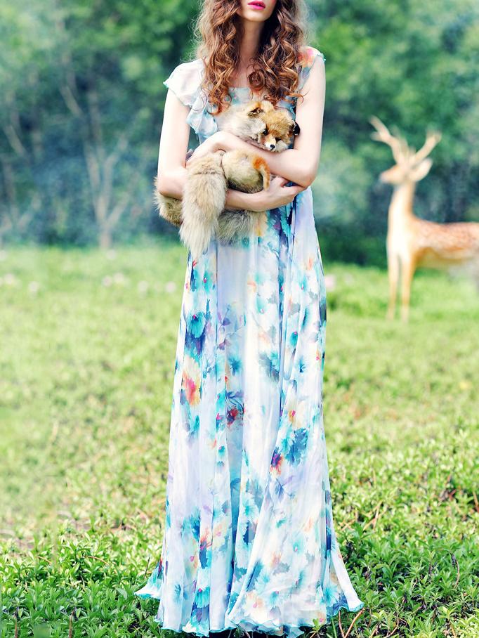 Romwe Multicolor Ruffle Floral Flowy Maxi Dress