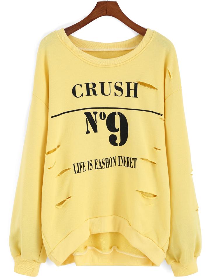 Romwe Letter Print Ripped Yellow Sweatshirt