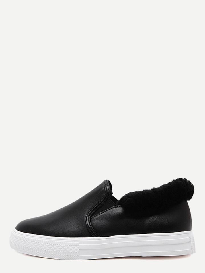 Romwe Black Pu Fur Lined Rubber Sole Loafers
