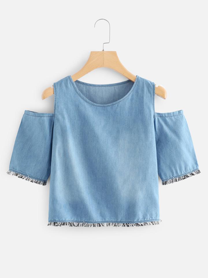 Romwe Open Shoulder Fringe Denim Top