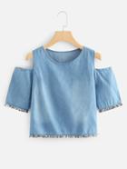 Romwe Open Shoulder Fringe Denim Top