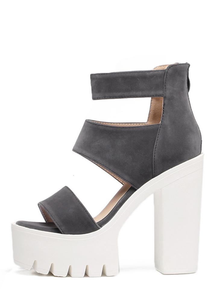 Romwe Grey Peep Toe Cutout Buckle Chunky Sandals