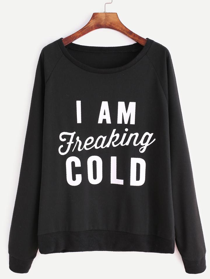 Romwe Black Raglan Sleeve Slogan Print Sweatshirt