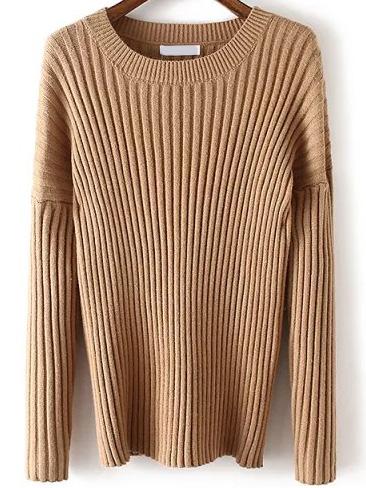 Romwe Dropped Shoulder Seam Ribbed Khaki Jumper
