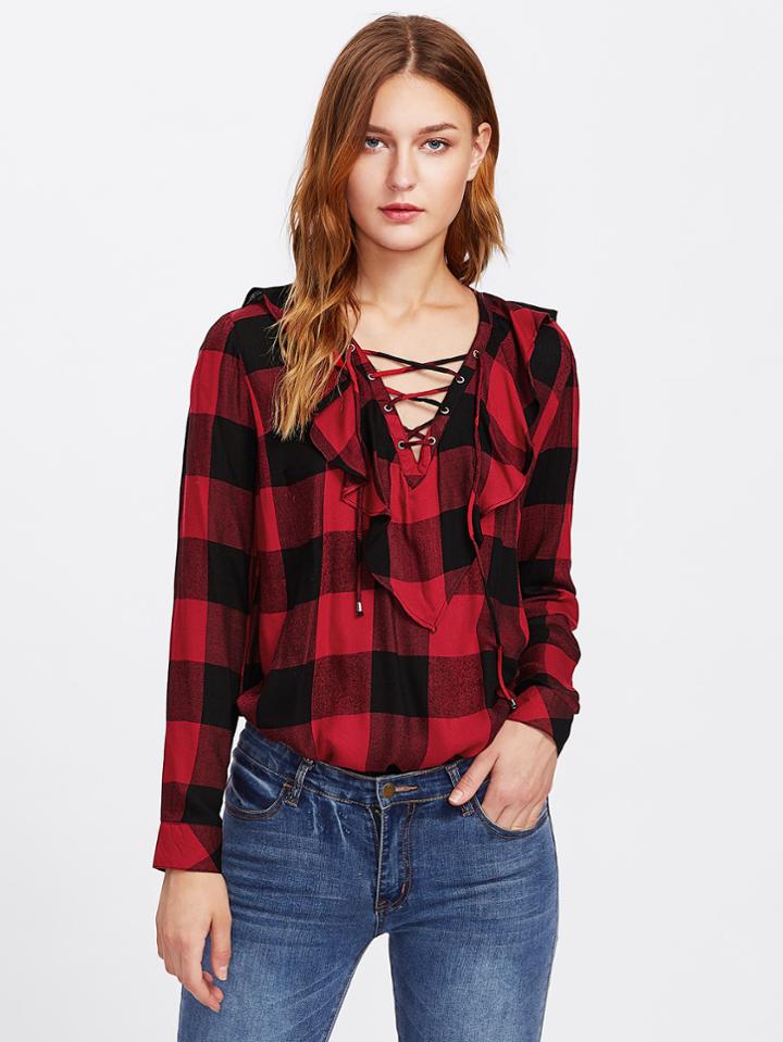 Romwe Flounce Grommet Lace Up Front Gingham Blouse