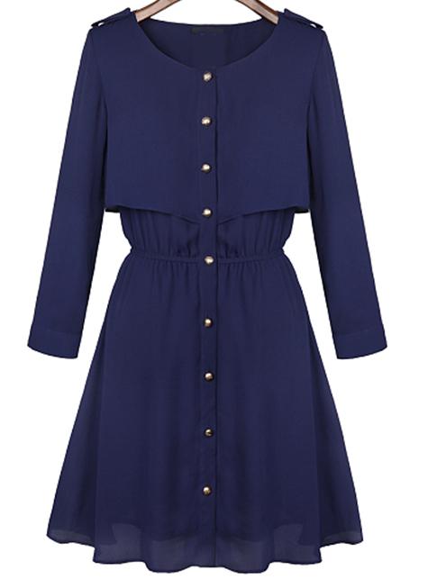 Romwe Epaulet Buttons Navy Dress