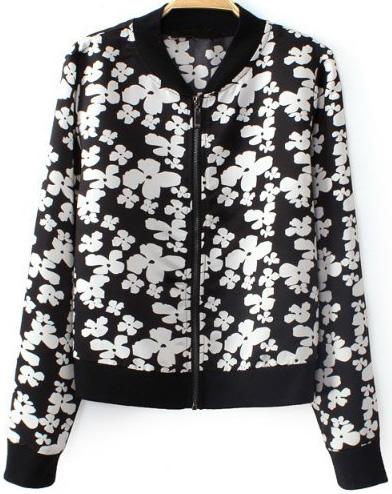Romwe Floral Print Crop Black And White Jacket