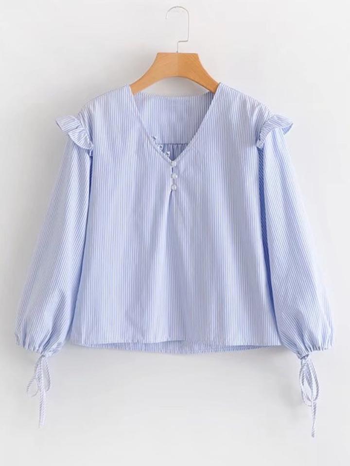 Romwe Ruffle Detail Striped Blouse