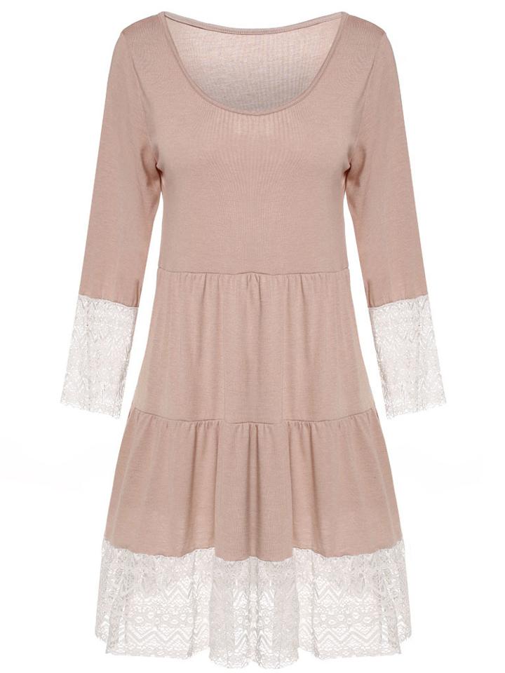 Romwe Round Neck Contrast Lace Shift Khaki Dress