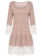 Romwe Round Neck Contrast Lace Shift Khaki Dress
