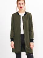 Romwe Army Green Contrast Trim Zip Up Long Jacket
