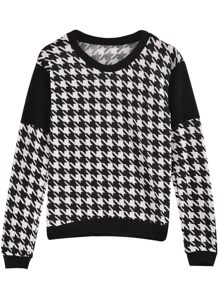 Romwe Black Round Neck Houndstooth Sweatshirt