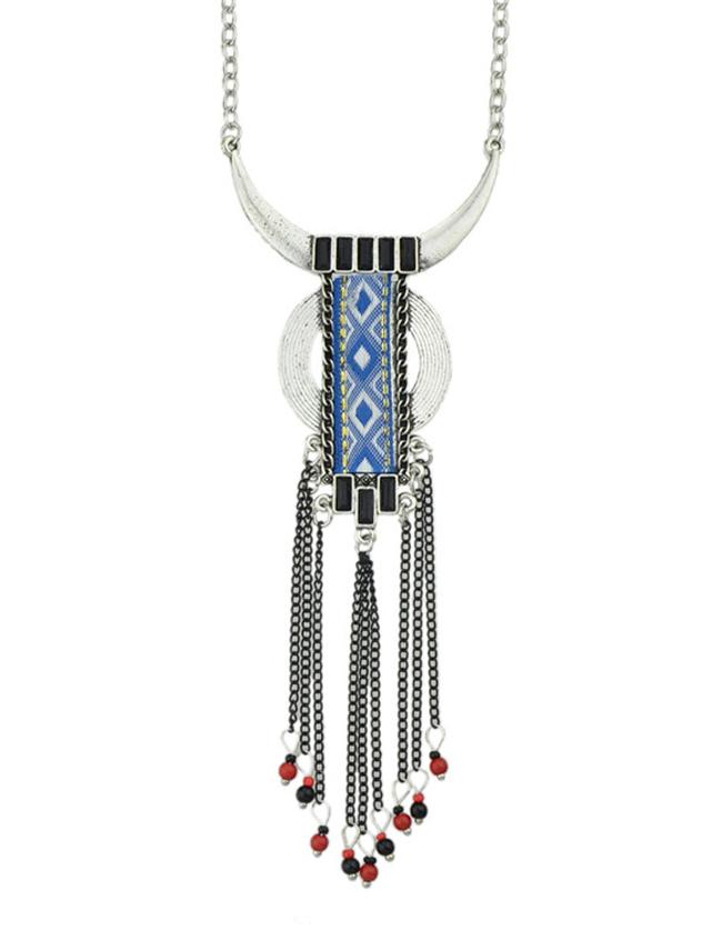 Romwe Blue Long Tassel Pendant Necklace