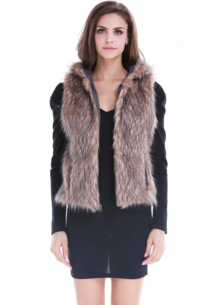 Romwe Faux Fur Hooded Coat
