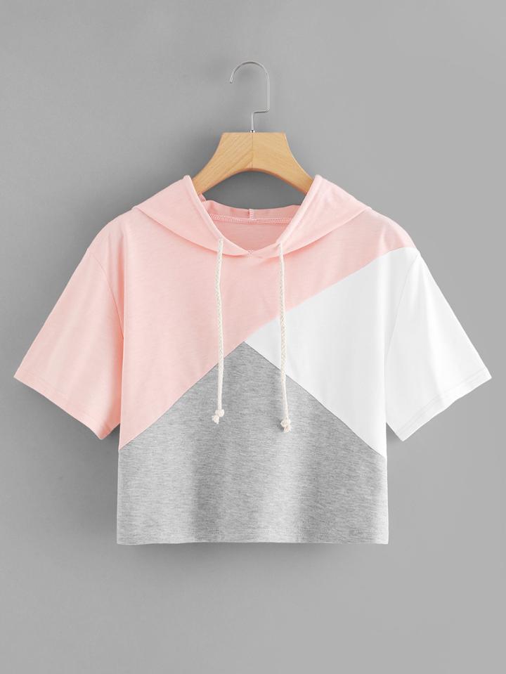 Romwe Color Block Hooded Crop Tee