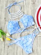 Romwe Blue Floral Print Hollow Out Bikini Set