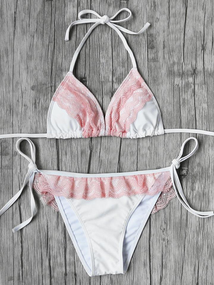 Romwe Contrast Lace Detail Side Tie Triangle Bikini Set