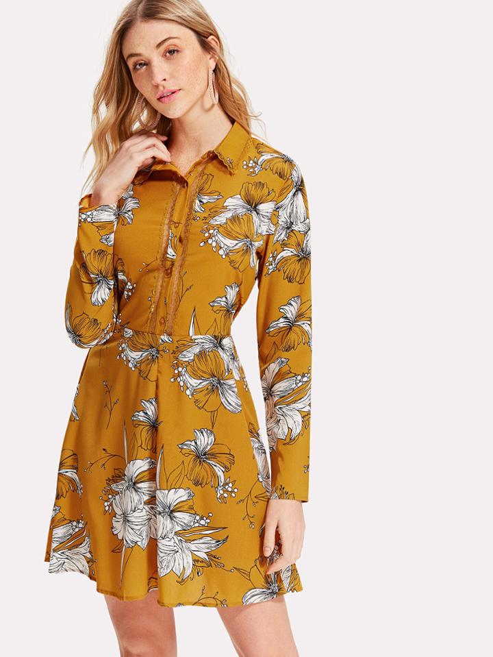 Romwe Lace Detail Shirt Dress