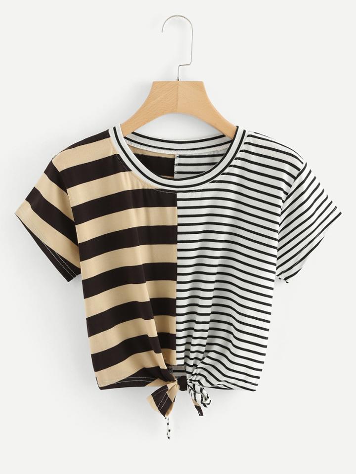 Romwe Contrast Stripe Knotted Hem Crop Tee