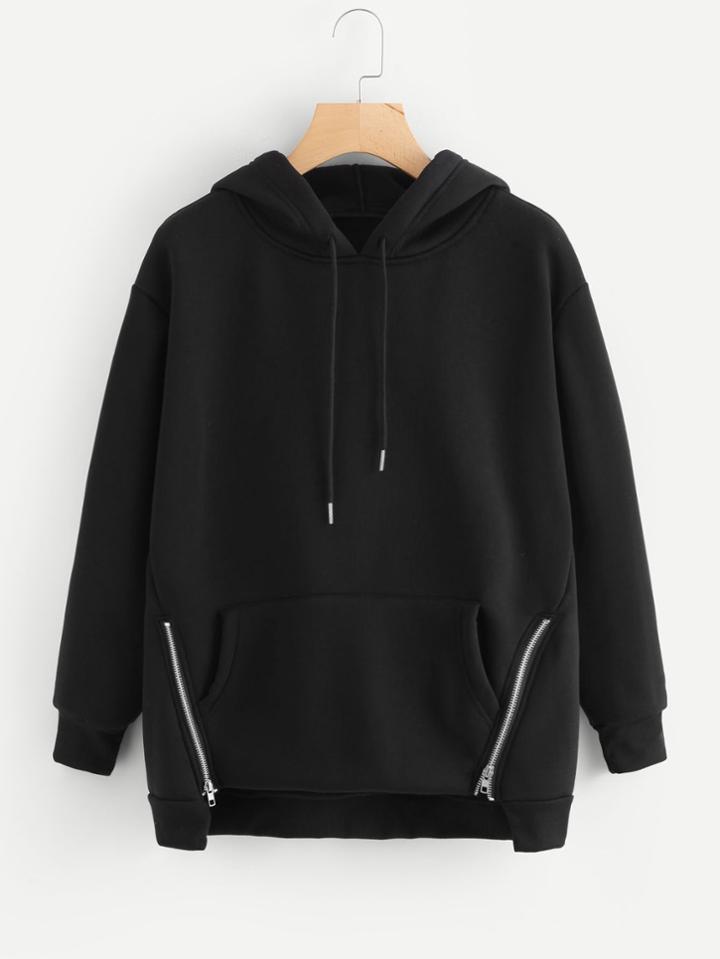 Romwe Dip Hem Zip Detail Hoodie