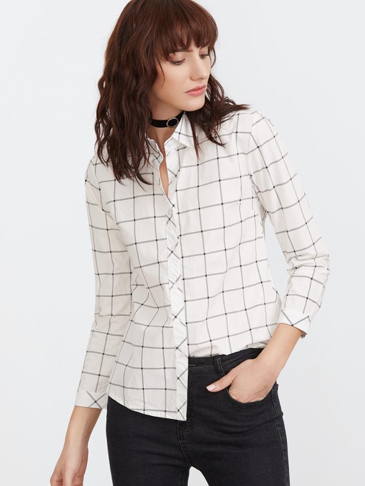 Romwe White Grid Curved Hem Shirt