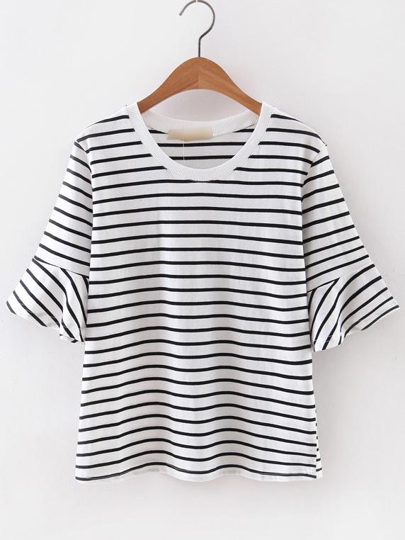 Romwe White Ruffle Cuff Stripe T-shirt