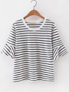 Romwe White Ruffle Cuff Stripe T-shirt