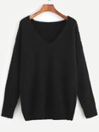 Romwe Black Ribbed Knit V Neck Drop Shoulder Sweater