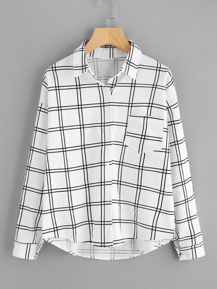 Romwe Dip Hem Chest Pocket Plaid Shirt