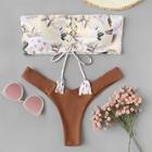 Romwe Floral Lace-up Bandeau With High-leg Bikini Set